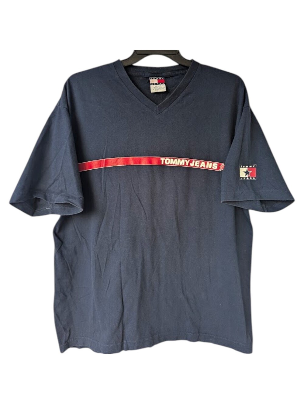 Vintage 90s Tommy Jeans V-Neck T-Shirt Mens XL Blue USA Flag Sleeve Tee 25x30